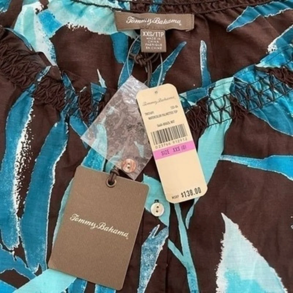 Tommy Bahama Silk Cotton Off Shoulder Blouse XXS Blue Brown Plants Top $138 NWT - Picture 11 of 11